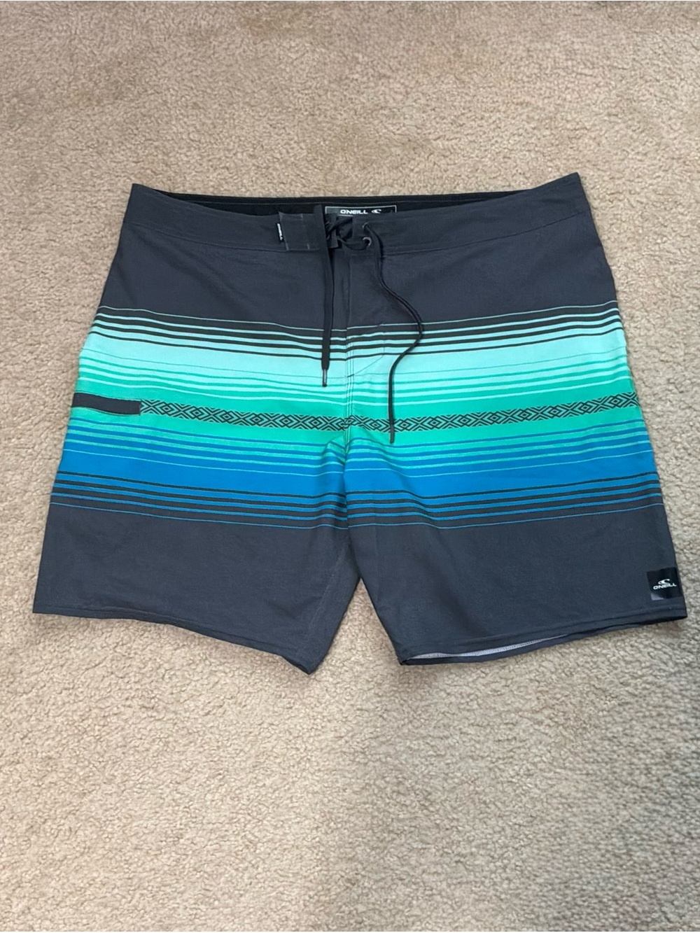 O'Neill Men’s Gray Boardshorts with Teal & Blue Stripes